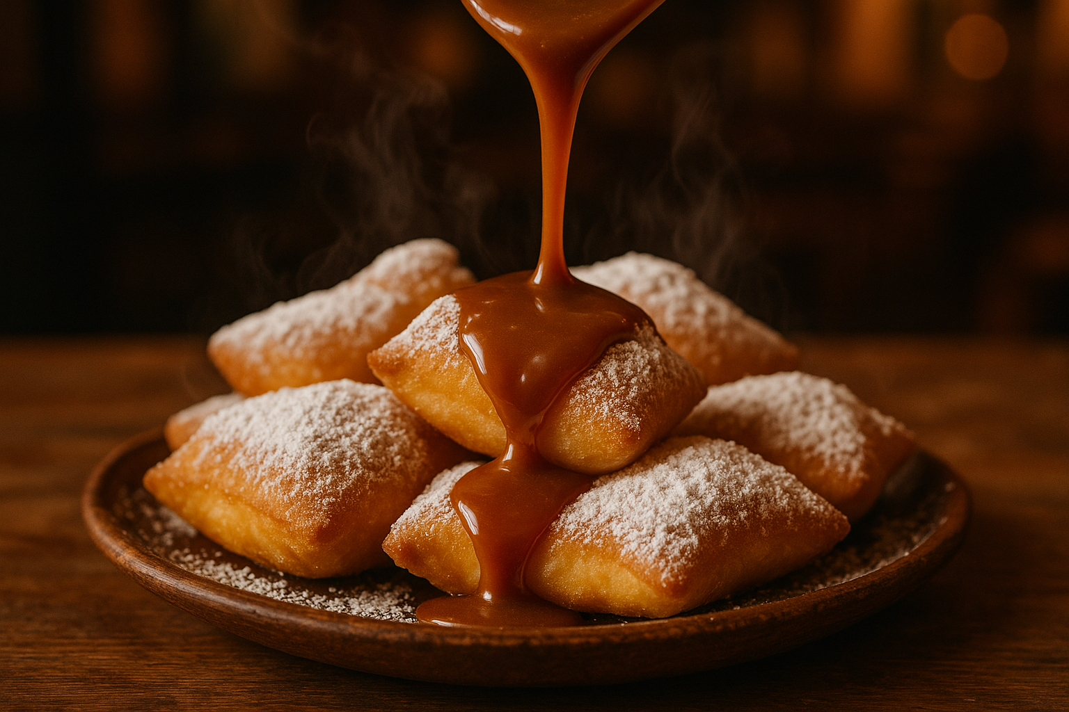 Praline sauce being poured over beignets
